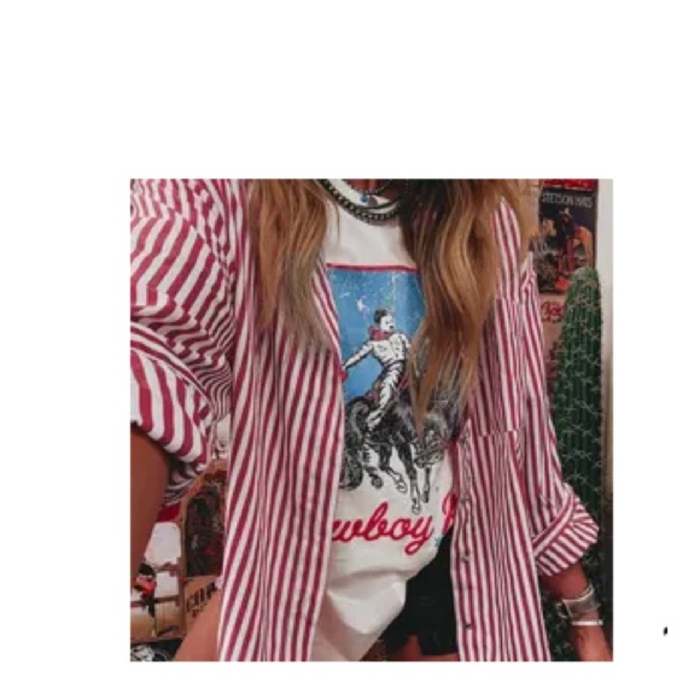 Striped Red & White Button-Up Shirt with Graphic Tee